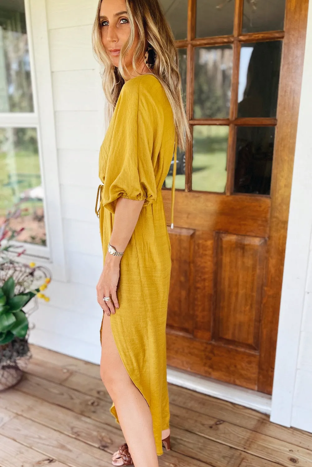 Yellow V Neck Half Sleeves Slit Leg Jumpsuit