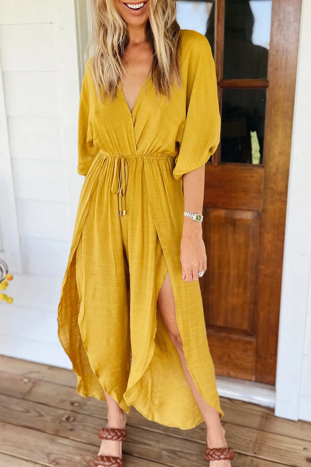 Yellow V Neck Half Sleeves Slit Leg Jumpsuit